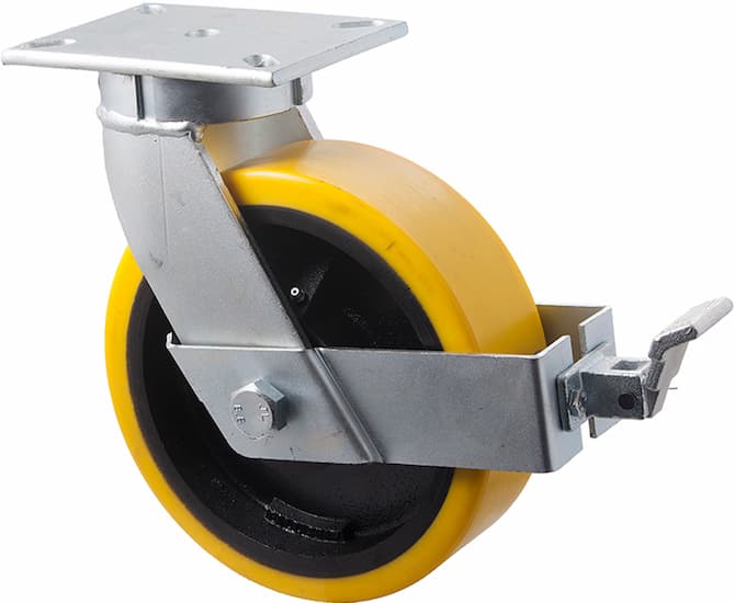 250mm Extremely Heavy Duty Polyurethane Cast Iron Castors - 2,000KG Rated